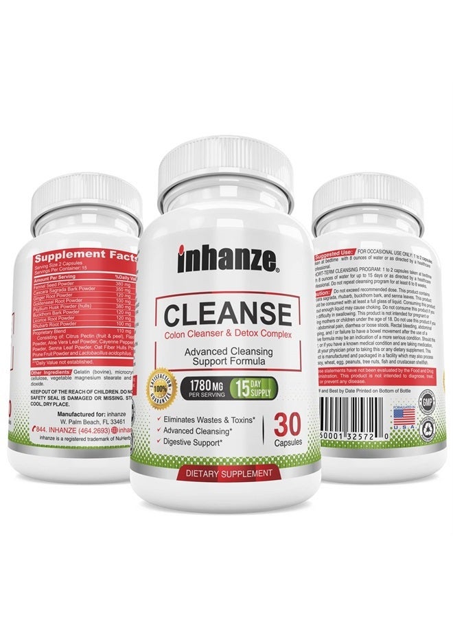 inhanze Colon Cleanse & Detox - Gut Cleanser & Support - Flush Out Waste and Toxins - 3 to 15-Day Body Cleanser, Fast-Acting with Cascara Sagrada, Senna Leaf, Probiotic - for Men & Women - Image 1