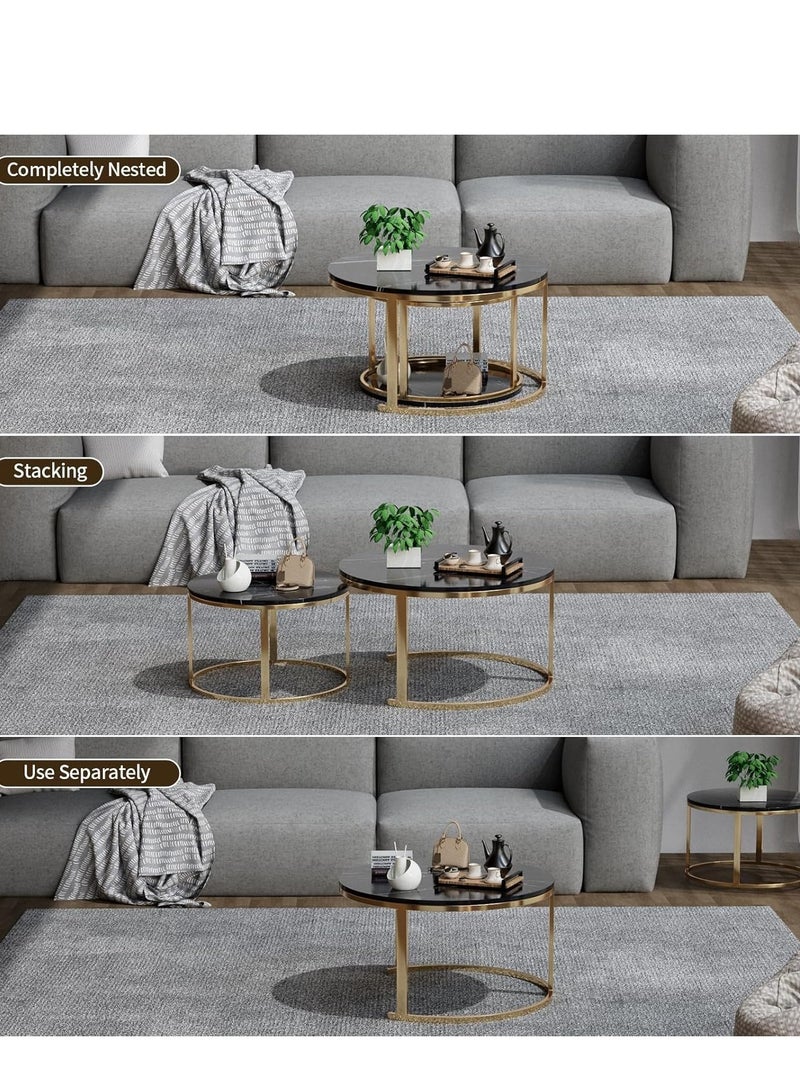 طاولات قهوة متداخلة من الرخام - مجموعة من طاولتين جانبيتين دائريتين أنيقتين بإطارات معدنية أنيقة لغرفة المعيشة أو غرفة النوم (ذهبي + أسود) - Image 5