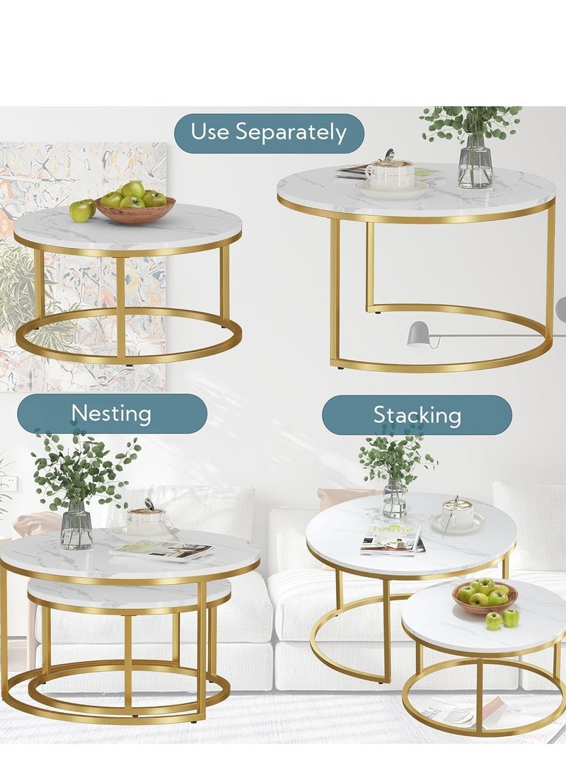 Generic Marble Nesting Coffee Tables - Set of 2 Stylish Round Side Tables with Sleek Metal Frames for Living Room or Bedroom (Gold+Black)  - Image 4