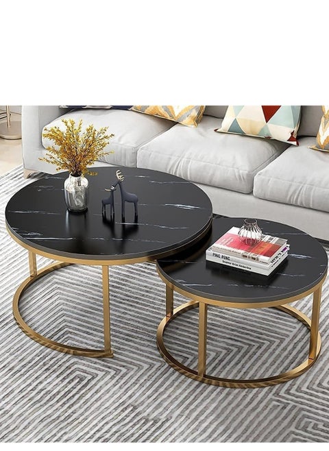 Marble Nesting Coffee Tables - Set of 2 Stylish Round Side Tables with Sleek Metal Frames for Living Room or Bedroom (Gold+Black)