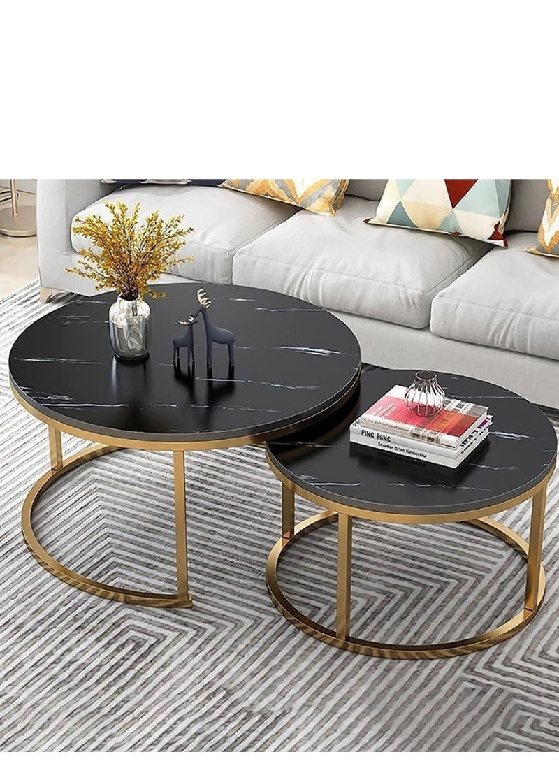 Generic Marble Nesting Coffee Tables - Set of 2 Stylish Round Side Tables with Sleek Metal Frames for Living Room or Bedroom (Gold+Black)  - Image 1