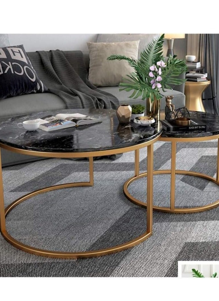 Generic Marble Nesting Coffee Tables - Set of 2 Stylish Round Side Tables with Sleek Metal Frames for Living Room or Bedroom (Gold+Black)  - Image 3