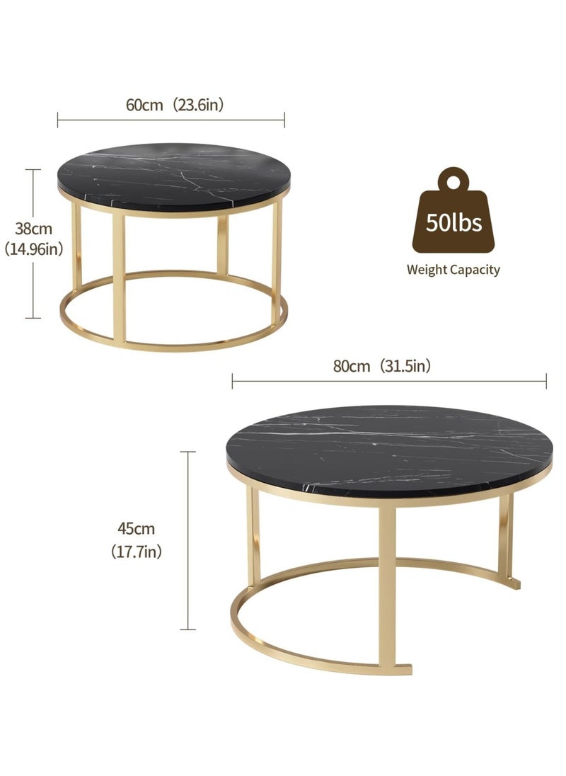 Marble Nesting Coffee Tables - Set of 2 Stylish Round Side Tables with Sleek Metal Frames for Living Room or Bedroom (Gold+Black)