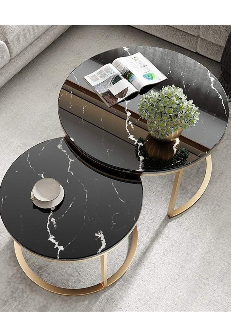 Generic Marble Nesting Coffee Tables - Set of 2 Stylish Round Side Tables with Sleek Metal Frames for Living Room or Bedroom (Gold+Black)  - Image 5