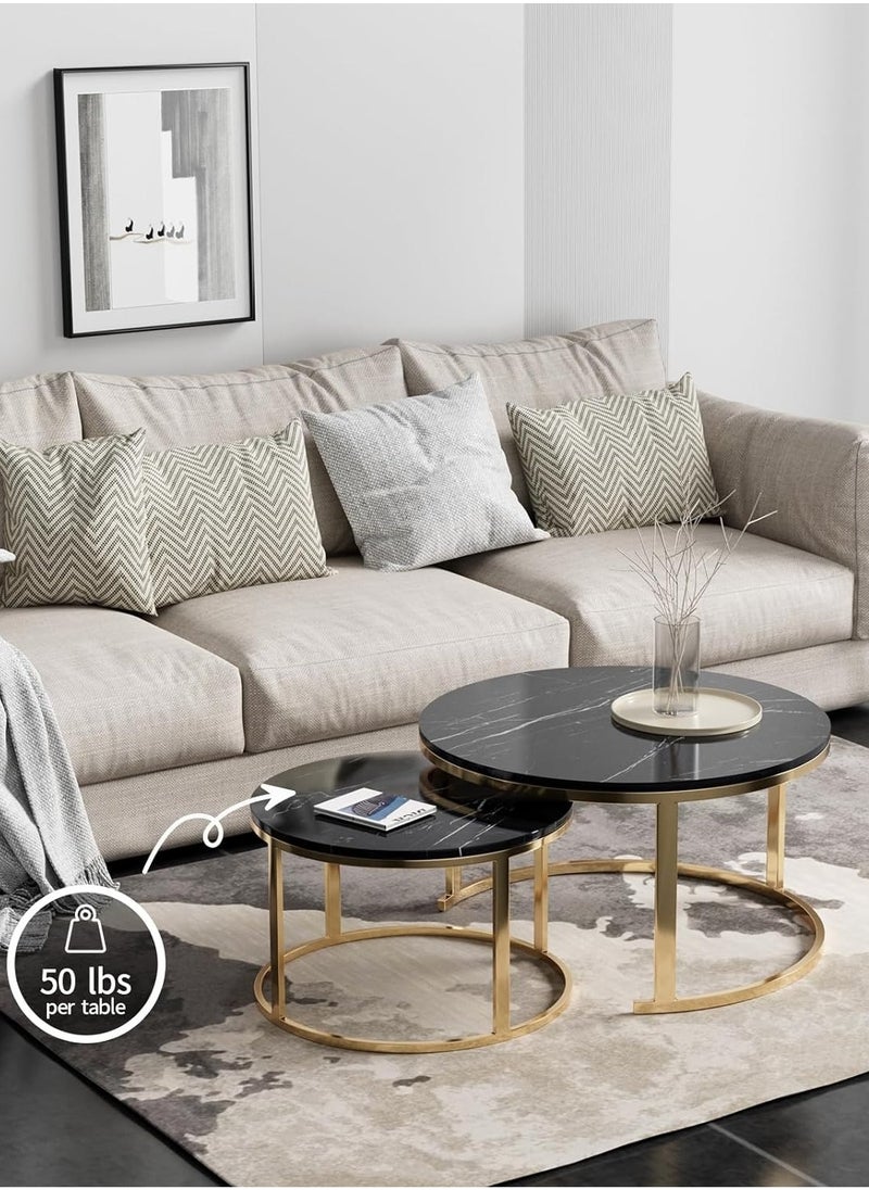 Marble Nesting Coffee Tables - Set of 2 Stylish Round Side Tables with Sleek Metal Frames for Living Room or Bedroom (Gold+Black)