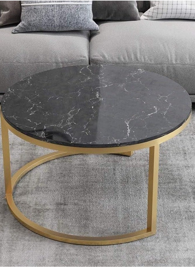 Marble Nesting Coffee Tables - Set of 2 Stylish Round Side Tables with Sleek Metal Frames for Living Room or Bedroom (Gold+Black)