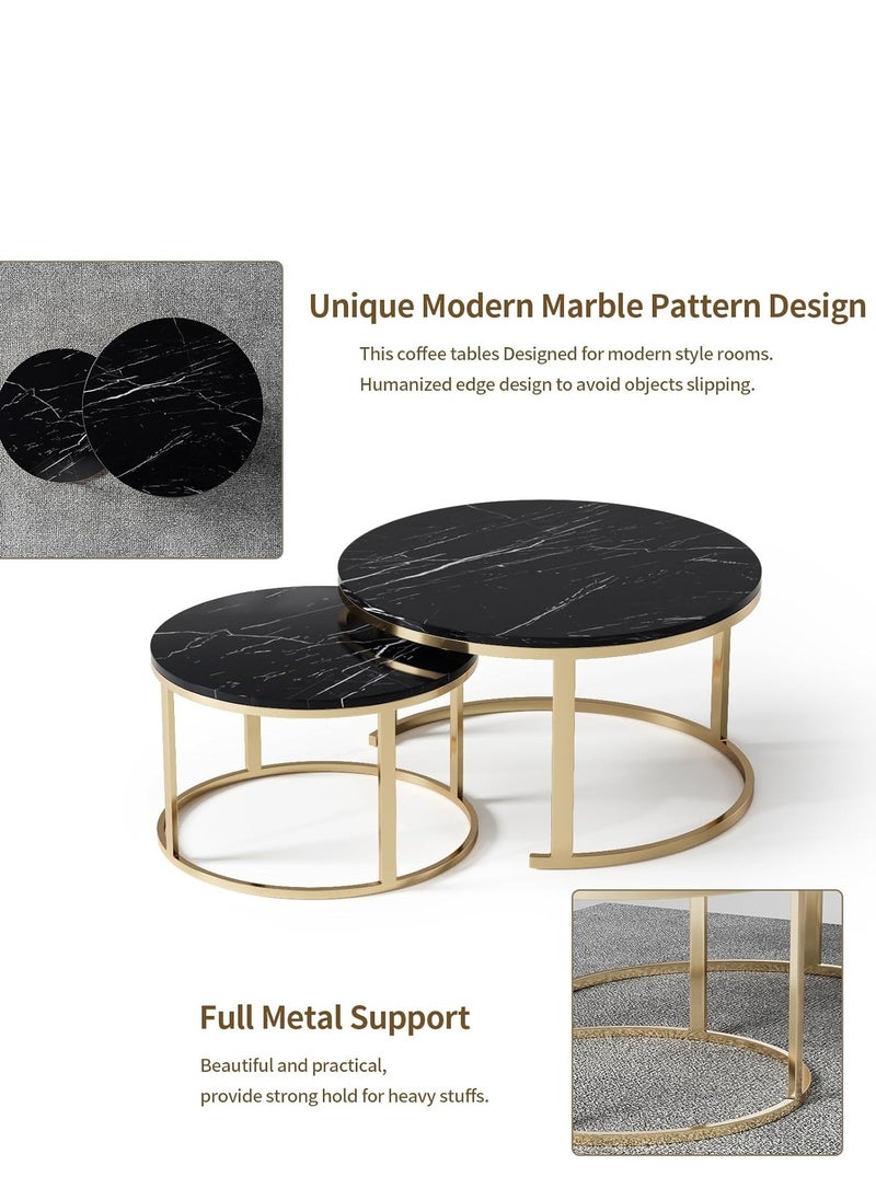 Marble Nesting Coffee Tables - Set of 2 Stylish Round Side Tables with Sleek Metal Frames for Living Room or Bedroom (Gold+Black)