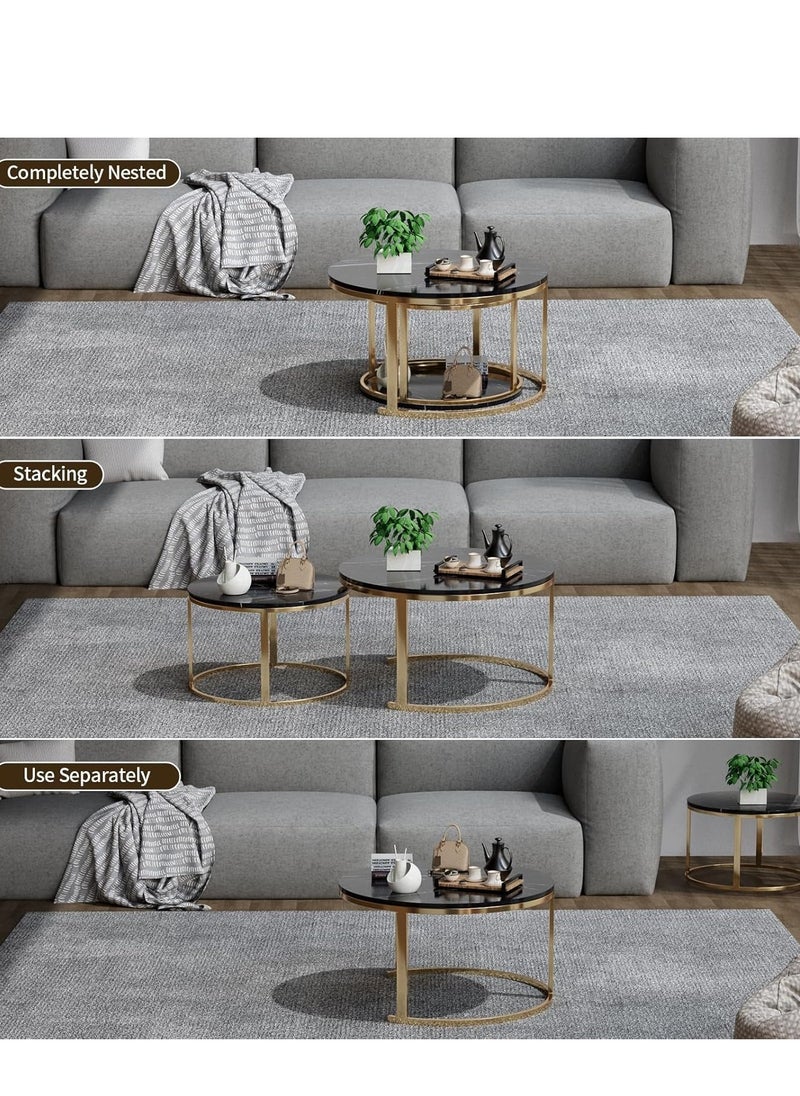 Marble Nesting Coffee Tables - Set of 2 Stylish Round Side Tables with Sleek Metal Frames for Living Room or Bedroom (Gold+Black)