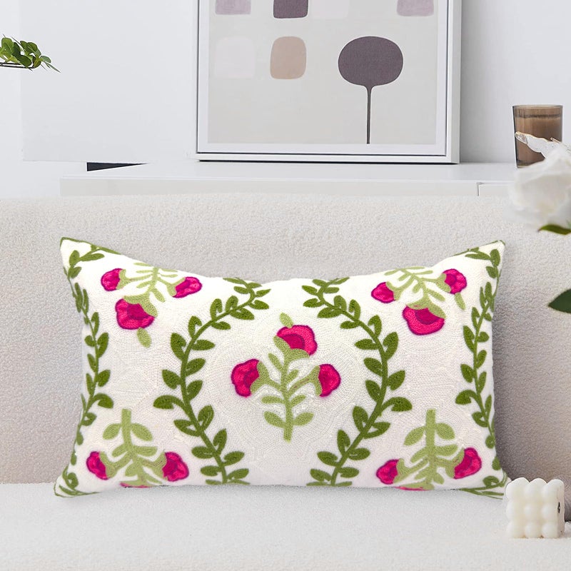 Alysheer Flower Embroidered Summer Decorative Lumbar Throw Pillow Cover 12"x 20", Farmhouse Cottage Hot Pink Floral Green Leaves Patterned Cotton Canvas Cushion Case for Sofa Couch Bed Living Room - Image 2