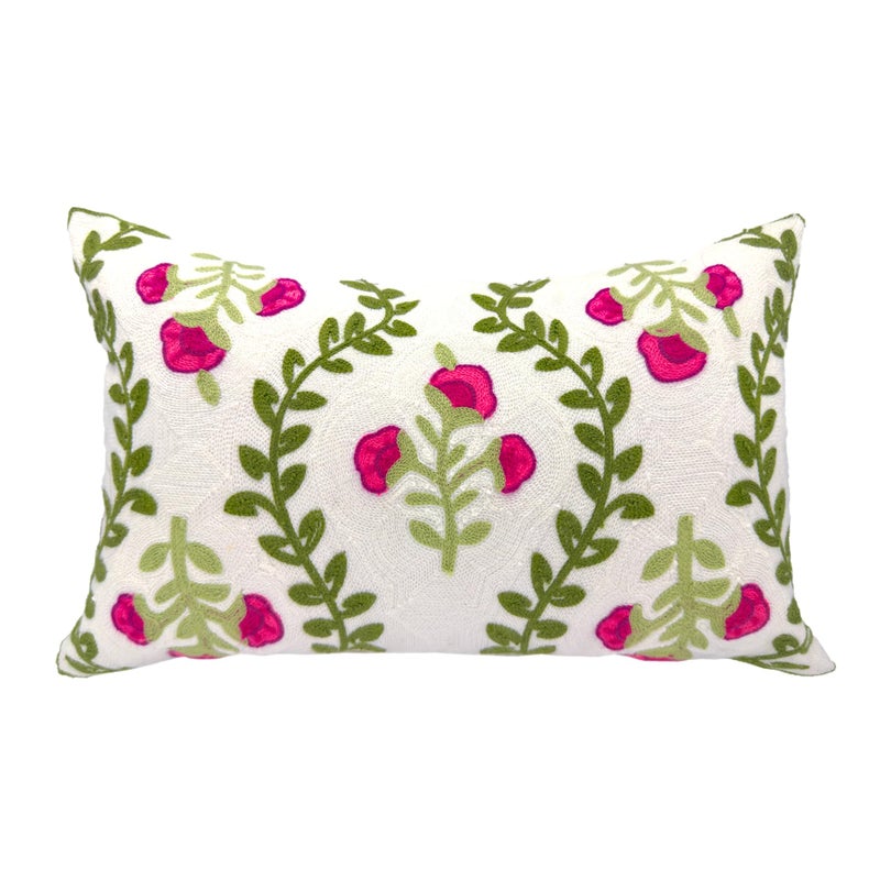 Alysheer Flower Embroidered Summer Decorative Lumbar Throw Pillow Cover 12"x 20", Farmhouse Cottage Hot Pink Floral Green Leaves Patterned Cotton Canvas Cushion Case for Sofa Couch Bed Living Room - Image 1
