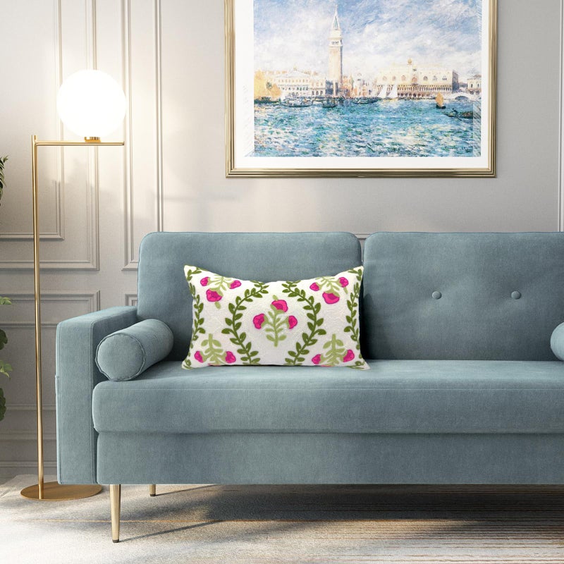 Alysheer Flower Embroidered Summer Decorative Lumbar Throw Pillow Cover 12"x 20", Farmhouse Cottage Hot Pink Floral Green Leaves Patterned Cotton Canvas Cushion Case for Sofa Couch Bed Living Room - Image 4