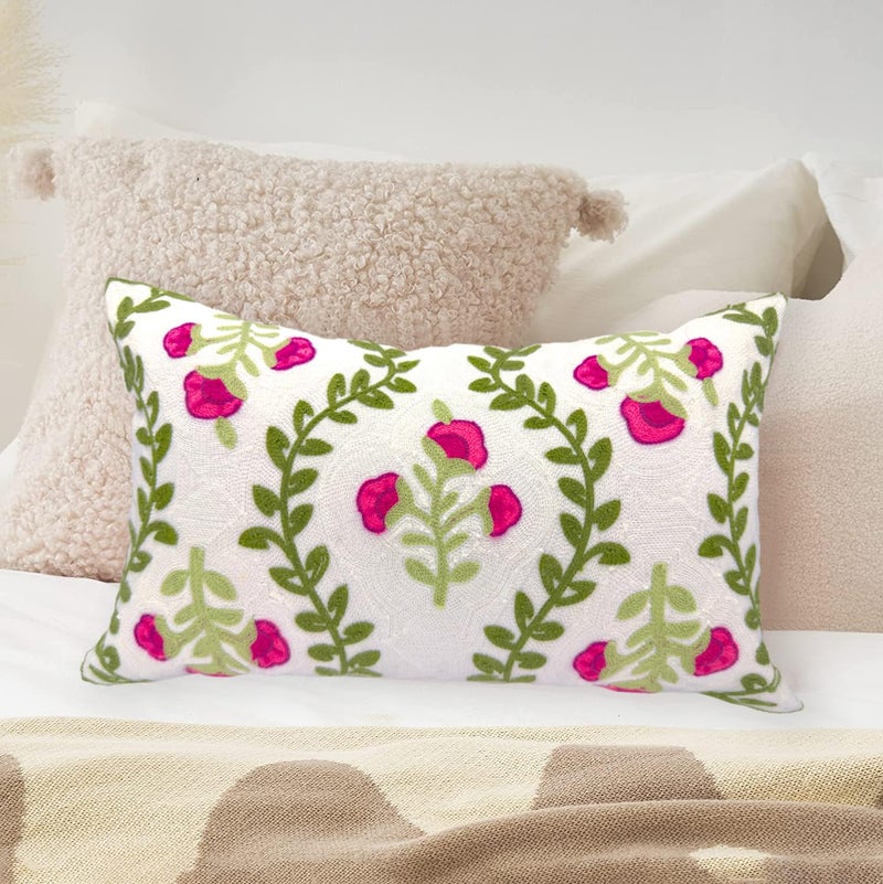 Alysheer Flower Embroidered Summer Decorative Lumbar Throw Pillow Cover 12"x 20", Farmhouse Cottage Hot Pink Floral Green Leaves Patterned Cotton Canvas Cushion Case for Sofa Couch Bed Living Room - Image 3