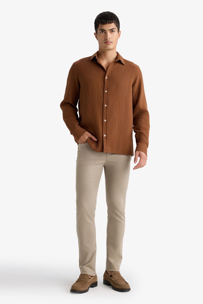 DeFacto Brown Man Polo Neck Regular Fit Long Sleeve Shirt Casual - Image 3