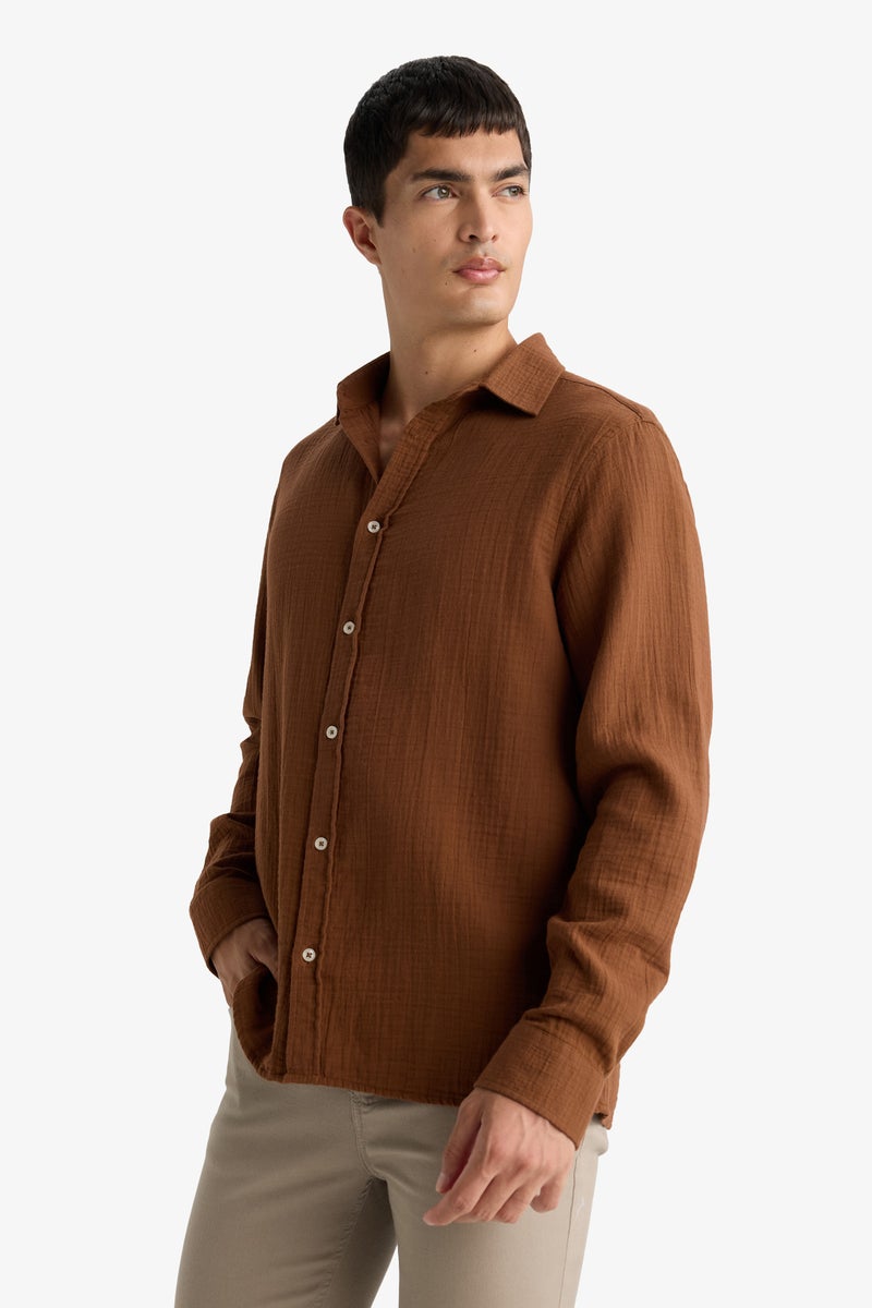 DeFacto Brown Man Polo Neck Regular Fit Long Sleeve Shirt Casual - Image 5