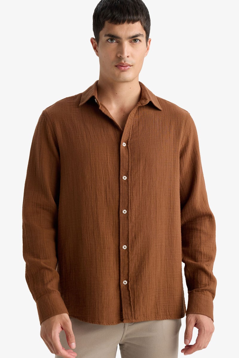 DeFacto Brown Man Polo Neck Regular Fit Long Sleeve Shirt Casual - Image 1