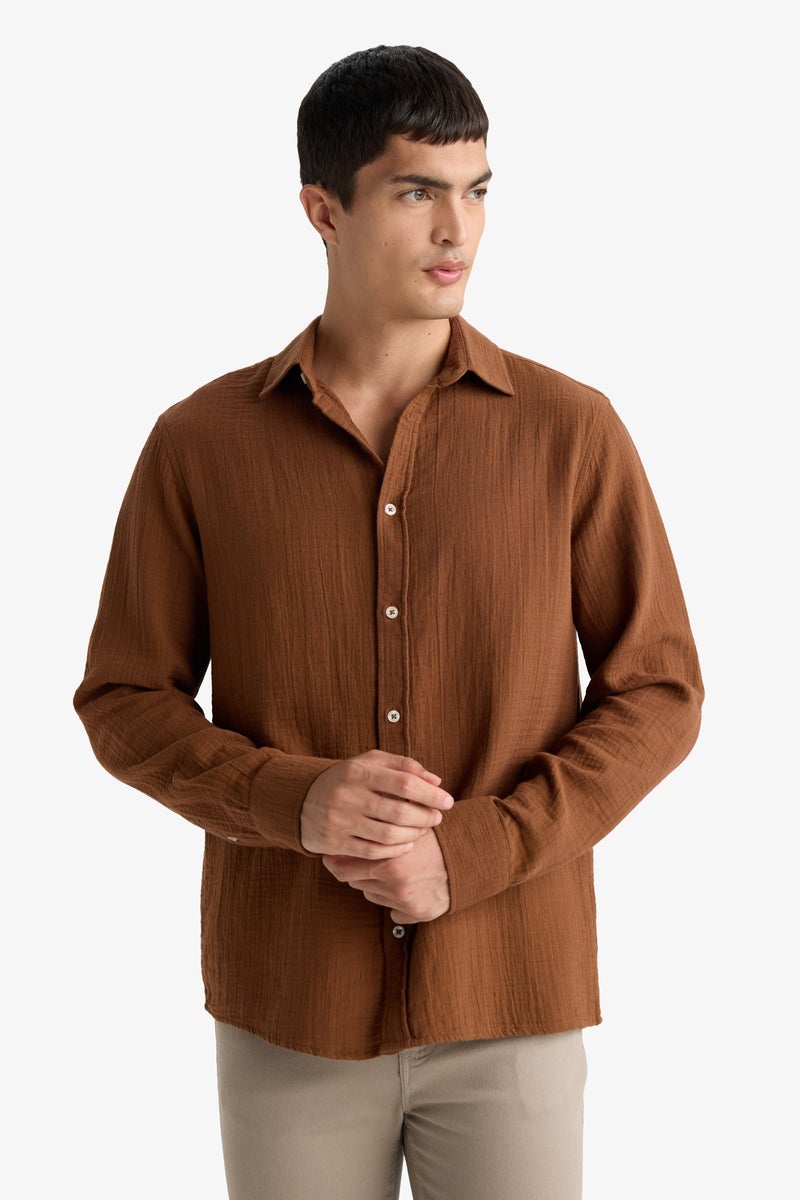DeFacto Brown Man Polo Neck Regular Fit Long Sleeve Shirt Casual - Image 2