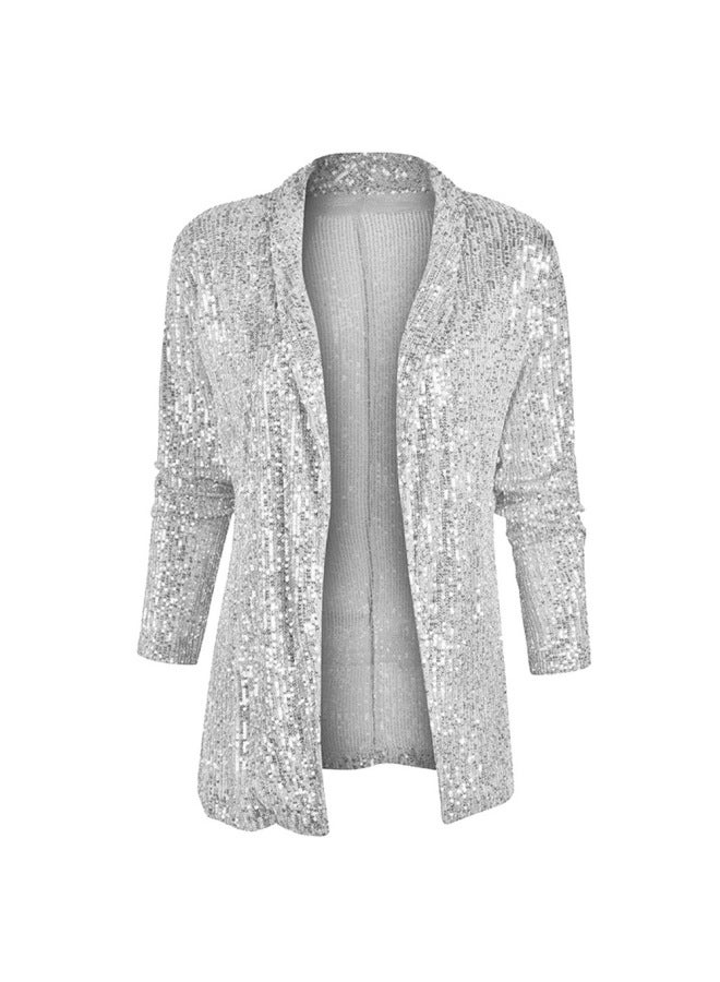 Spring New European And American Sequined Long-sleeved Elegant Mid-length Small Suit Lapel Color Jacket