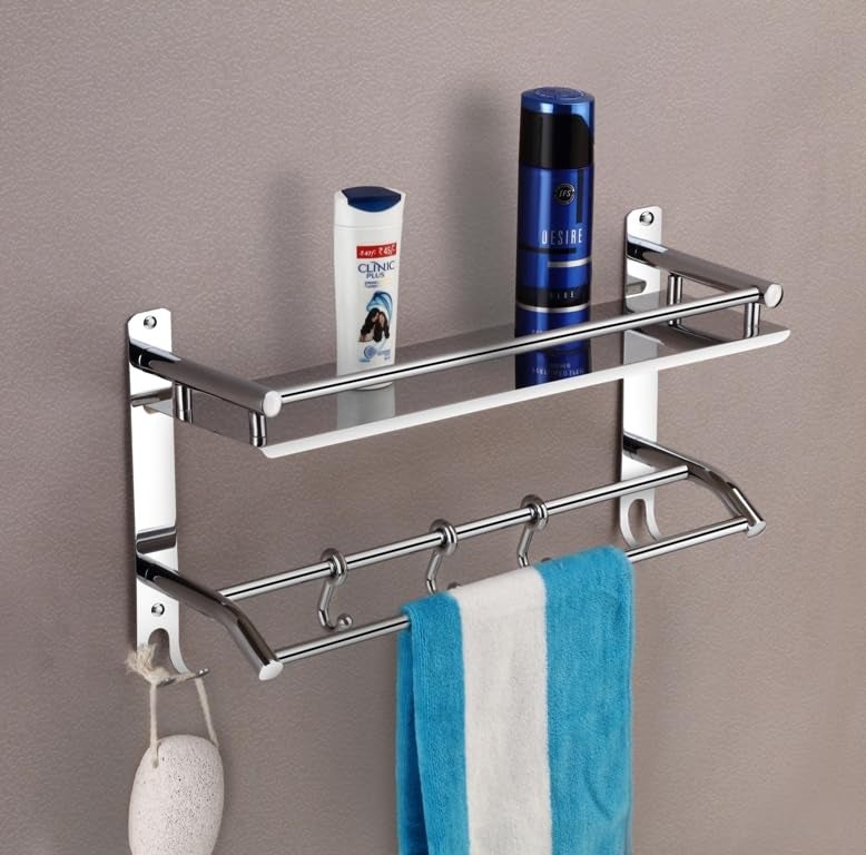 Flaner Stainless Steel Anti Rust Multiuse Rack Bathroom Shelf Organizer with Towel Holder and HooksShampoo Stand for Bathroom WallBathroom RackBathroom Accessories for Homes Hotels 2 Layer - Image 1