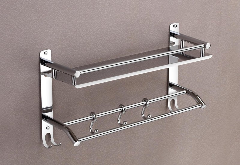 Flaner Stainless Steel Anti Rust Multiuse Rack Bathroom Shelf Organizer with Towel Holder and HooksShampoo Stand for Bathroom WallBathroom RackBathroom Accessories for Homes Hotels 2 Layer - Image 2