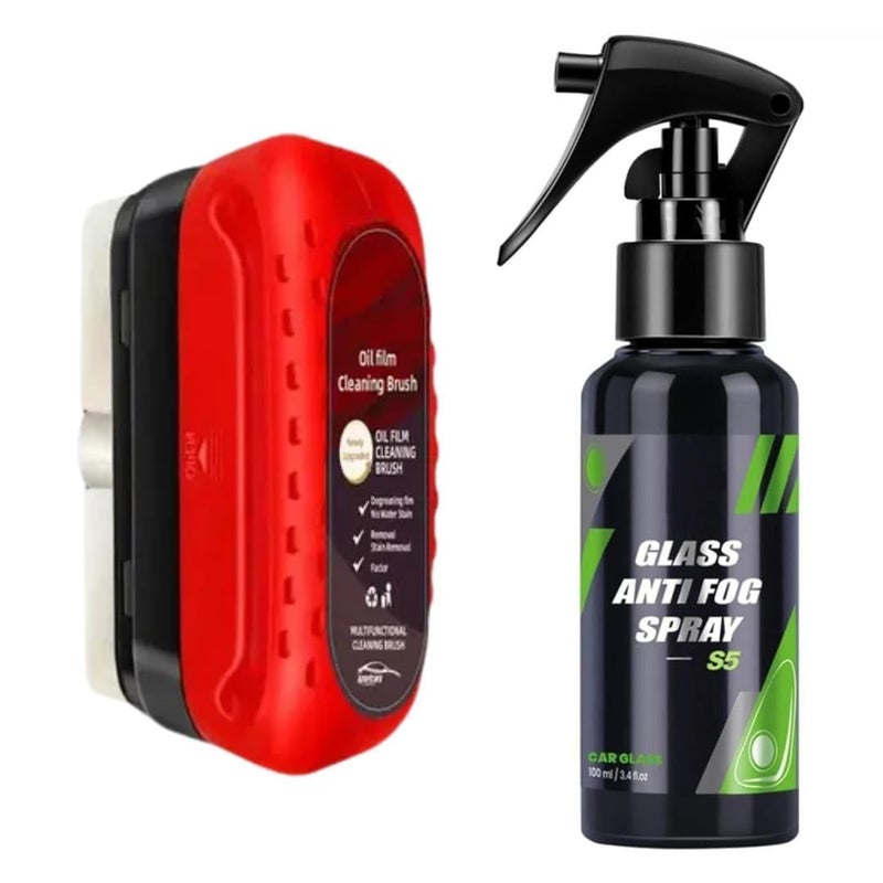 Ozix Oil Film Cleaning Brush & Car Glass Cleaner Anti-Fog Spray | Windshield Defogger & Stain Remover for & Anti-Mist, Oil Stain Remover for Car Windows, Mirrors & Glass (Brush +Anti-Fog Spray) - Image 1