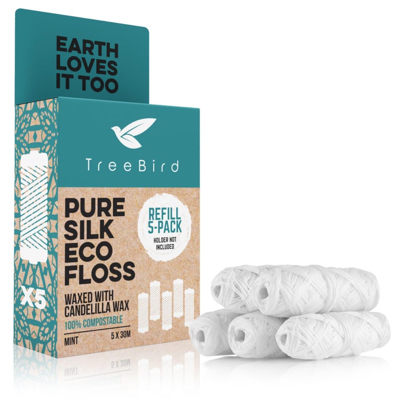 TreeBird Pure Silk Eco Floss Refills | Pack of 5 x 33yd Silk Dental Floss Spools | Waxed with Candelilla Wax | Mint - Image 1