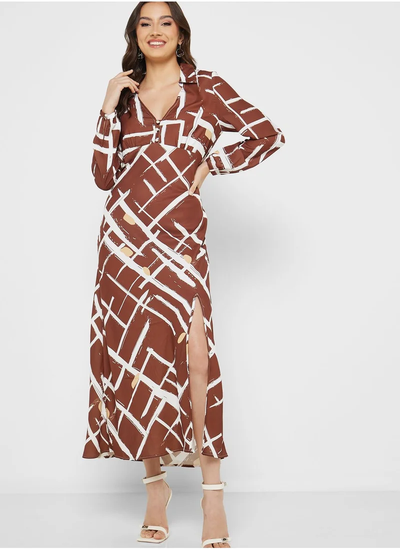 Jovonna London V-Neck Printed Side Slit Dress