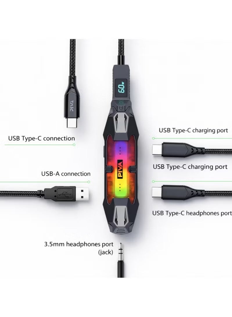 بيفا PIVA X41 4 في 1 USB-C مركز الألعاب ومحطة حوض مع بطاقة صوت DAC ، شحن سريع 60W PD ، مقبس صوت 3.5 مم ، منفذ بيانات USB ، إضاءة RGB - متوافق مع iPhone و iPad و Android و RedMagic وأجهزة الكمبيوتر المحمولة - Image 2