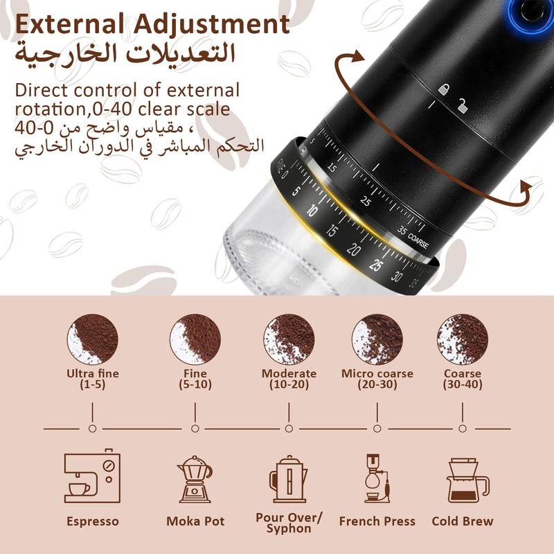 Electric Burr Coffee Grinder - Portable Coffee Grinder with 38 Adjustable Grind Settings (Black) - Image 2