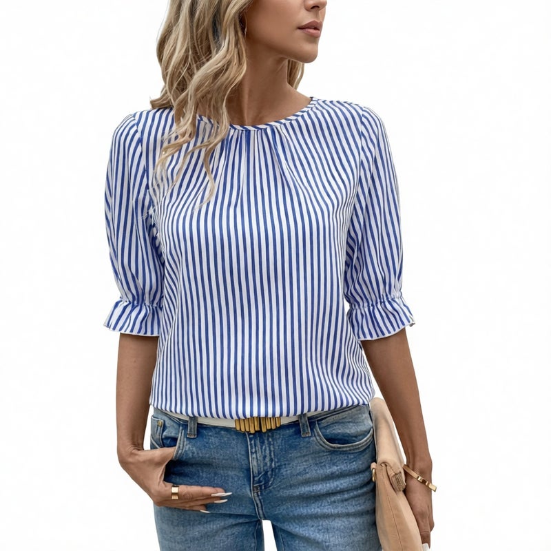 Blue Stripe Button Design Shirt Top - Image 1