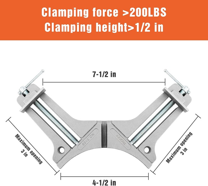 Pony 2-Piece 90 Degree Corner Clamp Set, Featured with 3’’ Maximum Opening, 200 lbs Clamping Force & 1/2’’ Clamping Height, Aluminum Alloy Body, Adjustable Right Angle Clamps for Multiple Projects - Image 3