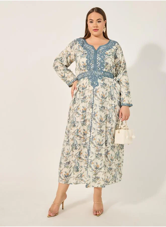 Styli Floral Printed Embroidered Belted Kaftan