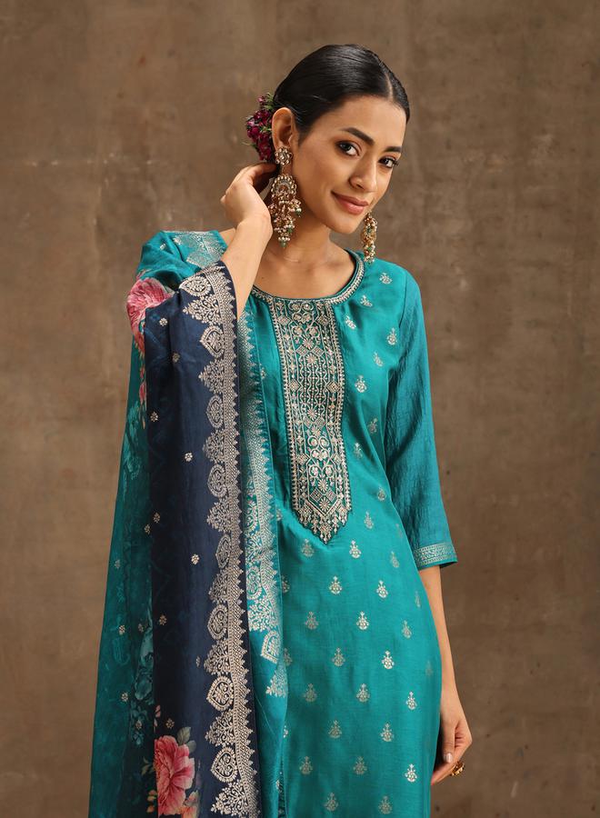 Libas Libas Embroidered Silk Kurta and Solid Trousers with Jacquard Dupatta Set  - Image 4