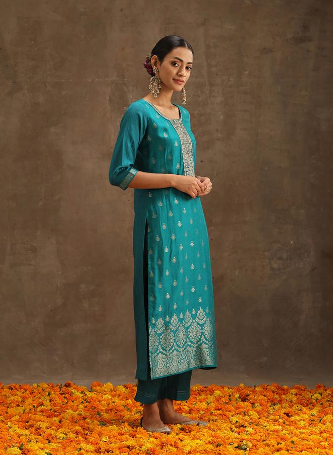 Libas Libas Embroidered Silk Kurta and Solid Trousers with Jacquard Dupatta Set  - Image 2