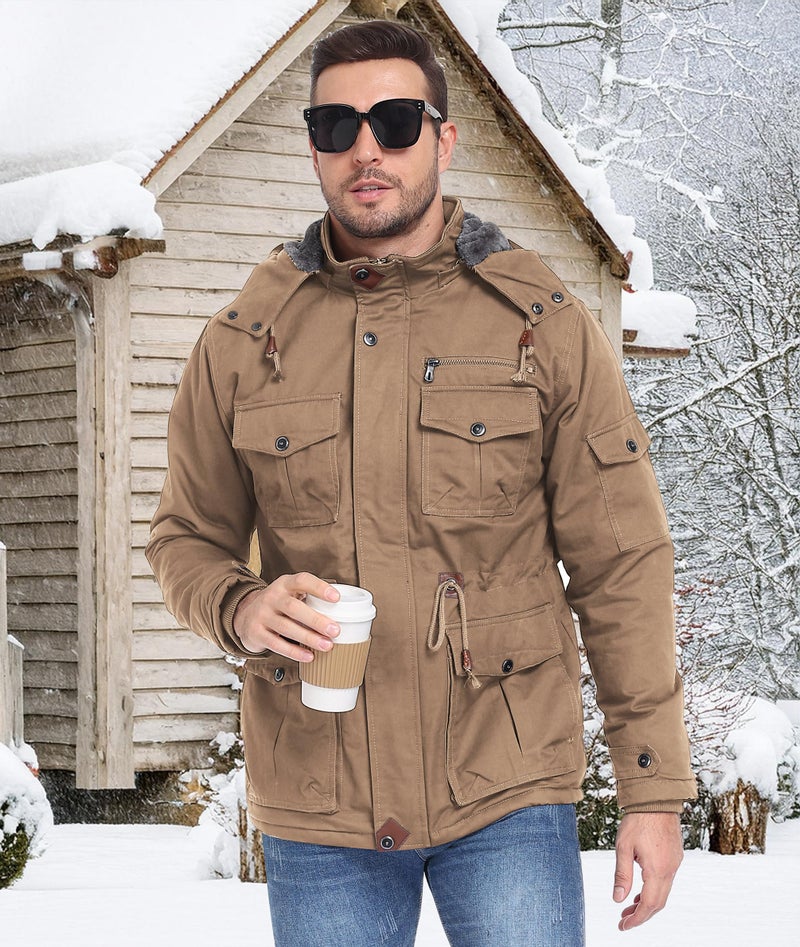 Zoofly Mens Ski Coats Cotton Sherpa Lined Work Military Jackets Warm Cargo Coats Insulated Hoodies for Men Khaki L - Image 2