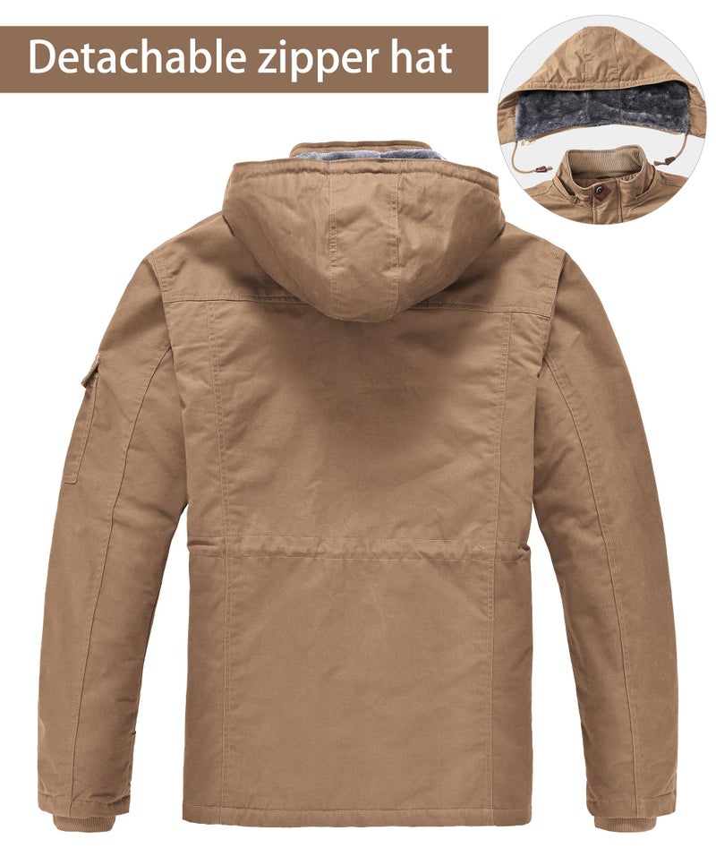 Zoofly Mens Ski Coats Cotton Sherpa Lined Work Military Jackets Warm Cargo Coats Insulated Hoodies for Men Khaki L - Image 3