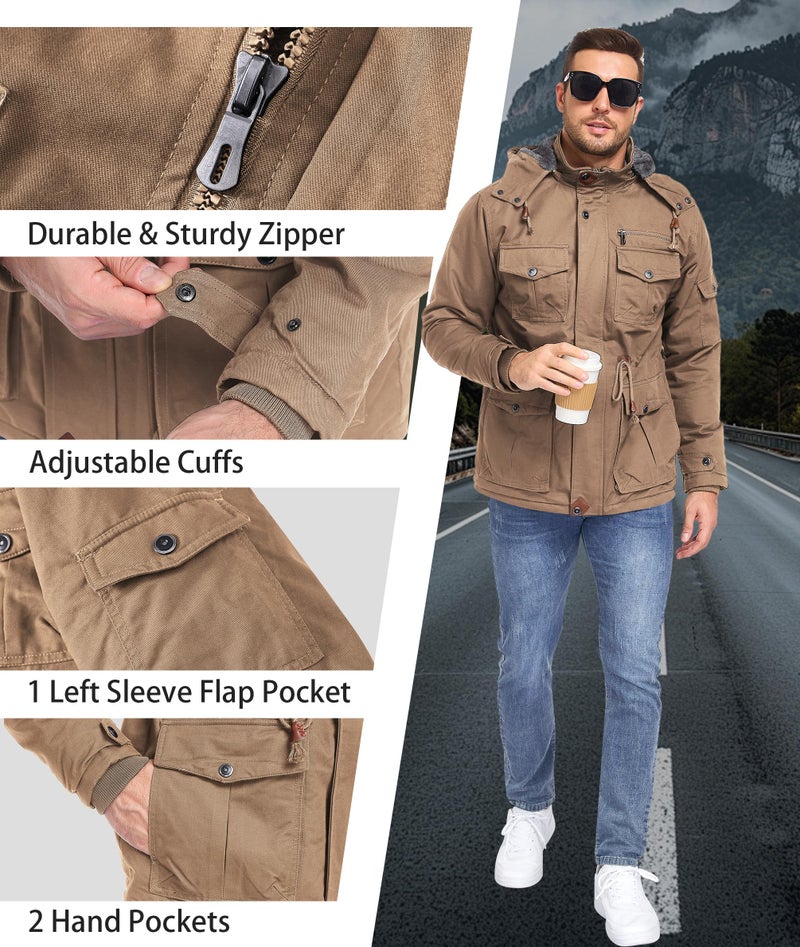 Zoofly Mens Ski Coats Cotton Sherpa Lined Work Military Jackets Warm Cargo Coats Insulated Hoodies for Men Khaki L - Image 5