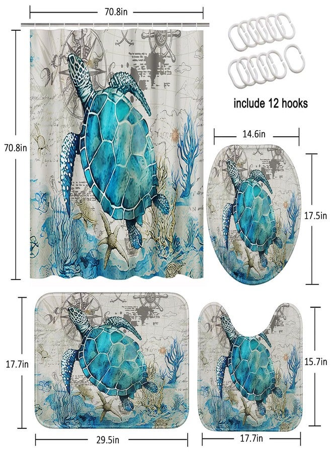 ArtSocket 4PC Shower Curtain Set with Rugs Sea Turtle Blue Teal Seaweed Bathroom Set with Non-Slip Rug Toilet Lid Cover Bath Mat and 12 Hooks 72x72 inches - Image 2