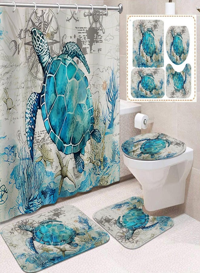 ArtSocket 4PC Shower Curtain Set with Rugs Sea Turtle Blue Teal Seaweed Bathroom Set with Non-Slip Rug Toilet Lid Cover Bath Mat and 12 Hooks 72x72 inches - Image 4