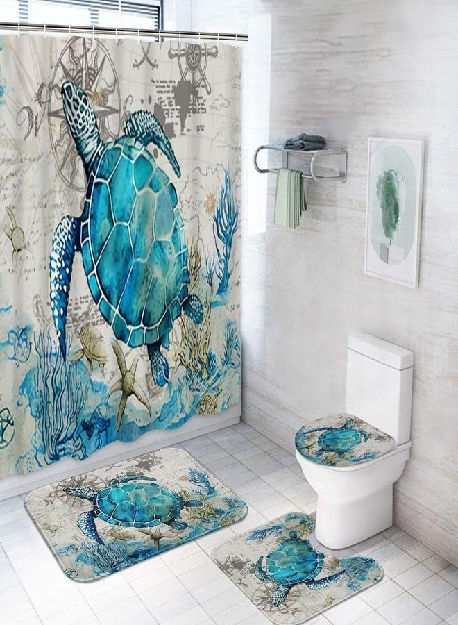 ArtSocket 4PC Shower Curtain Set with Rugs Sea Turtle Blue Teal Seaweed Bathroom Set with Non-Slip Rug Toilet Lid Cover Bath Mat and 12 Hooks 72x72 inches - Image 1