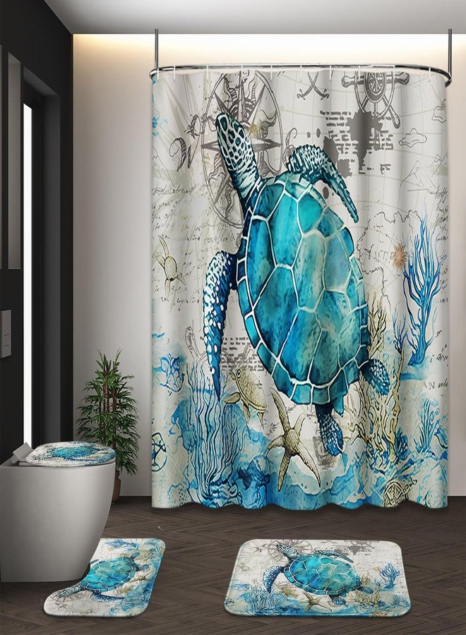 ArtSocket 4PC Shower Curtain Set with Rugs Sea Turtle Blue Teal Seaweed Bathroom Set with Non-Slip Rug Toilet Lid Cover Bath Mat and 12 Hooks 72x72 inches - Image 5