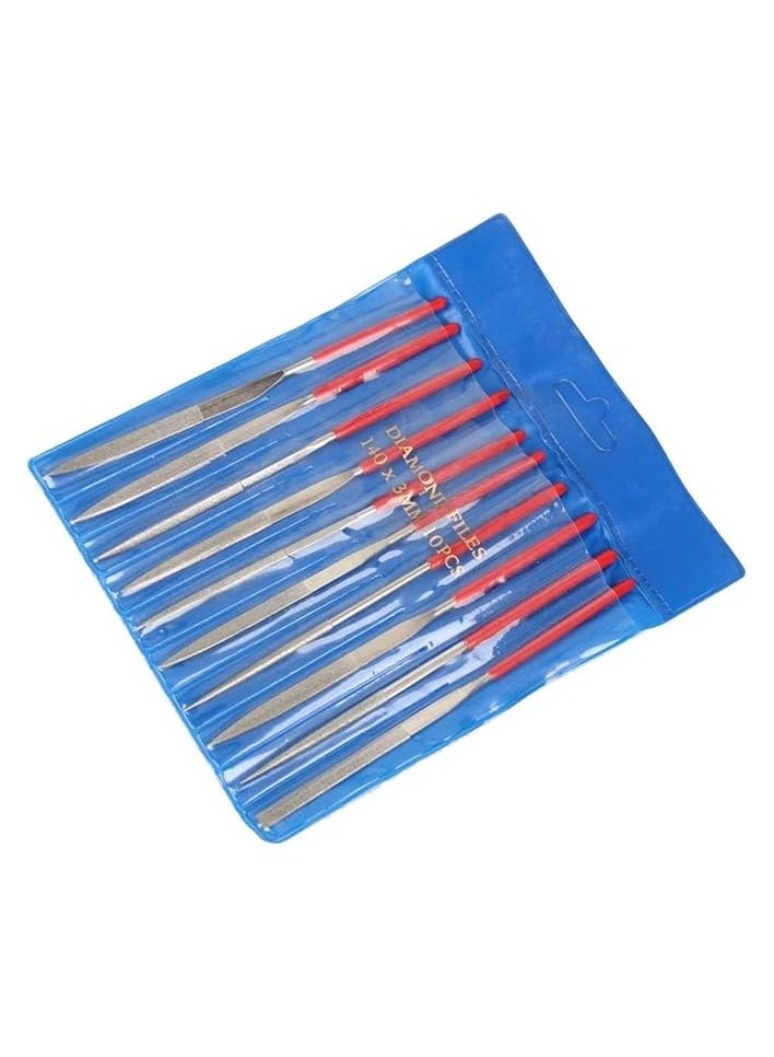 بروماس مجموعة مبردات معدنية ماسية صغيرة مكونة من 10 قطع، مبرد إبرة دائري صغير، مجموعة مبرد مثلث مربع مسطح، أدوات مبرد خشبية وحجرية زجاجية للمجوهرات والحرف اليدوية - 3 × 140 مم - Image 4