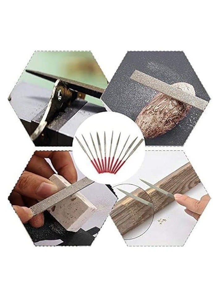 بروماس مجموعة مبردات معدنية ماسية صغيرة مكونة من 10 قطع، مبرد إبرة دائري صغير، مجموعة مبرد مثلث مربع مسطح، أدوات مبرد خشبية وحجرية زجاجية للمجوهرات والحرف اليدوية - 3 × 140 مم - Image 5