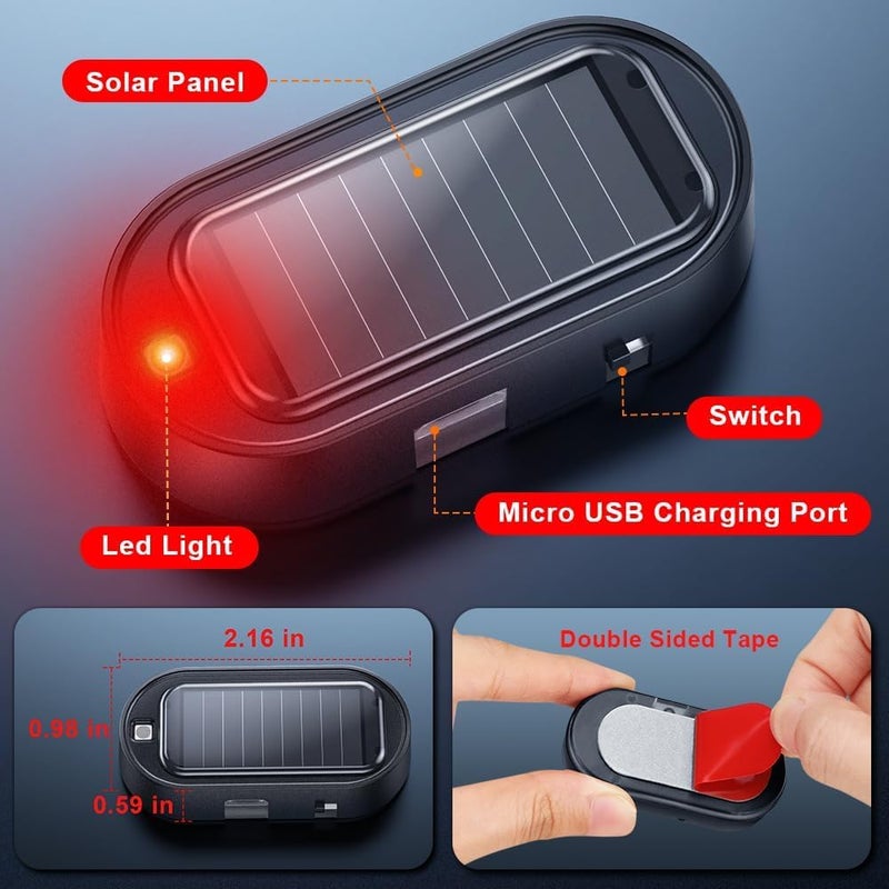 2PCS Car Solar Power Dummy Alarm, Anti-Theft LED Flashing Security Light with USB Charging Port, Automotive Warning and Safety Light, SUV, Truck, Red, Solar-Powered Car Security Accessory - Image 4