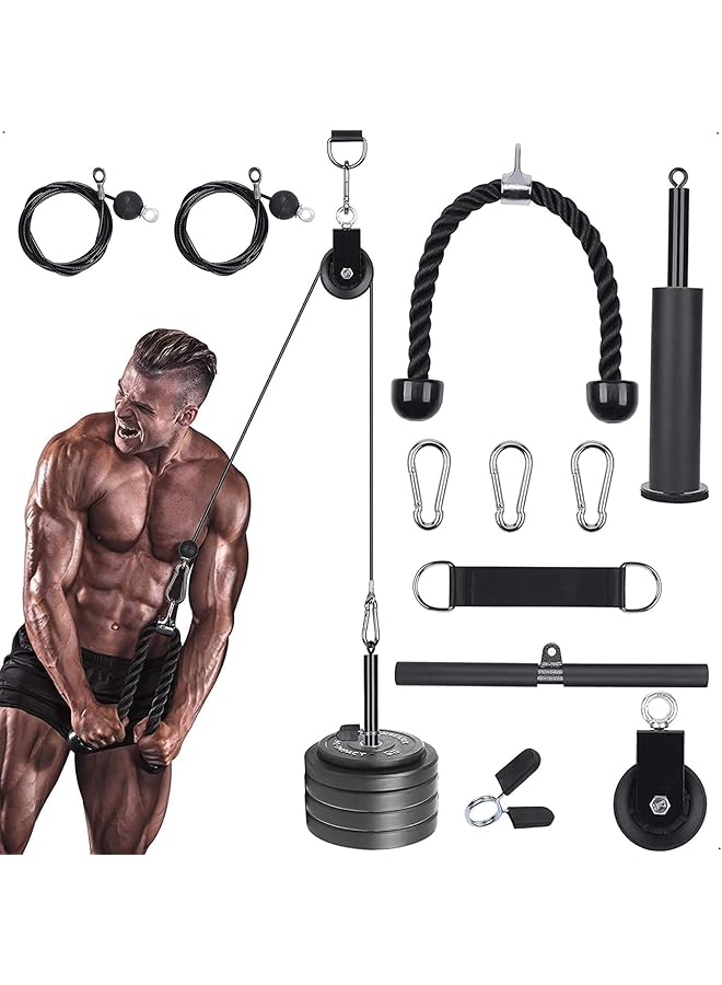 X spring Pulley System Gym Home Gym Equipment with Silent Pulley Tricep Rope Straight Bar 2 Cables Upgrad Loading Pin 3 Hoist Buckles and Hanging Strap Home Cable Pulley System for Core Routine - Image 1