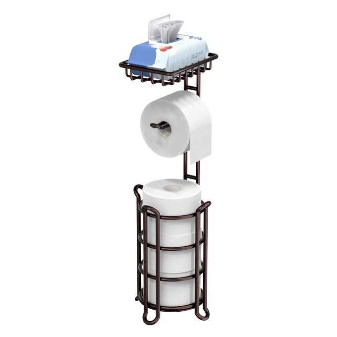 TOILET PAPER HOLDER STAND TISSUE PAPER ROLL DISPENSER WITH SHELF FOR BATHROOM STORAGE HOLDS RESERVE MEGA ROLLSBRONZE