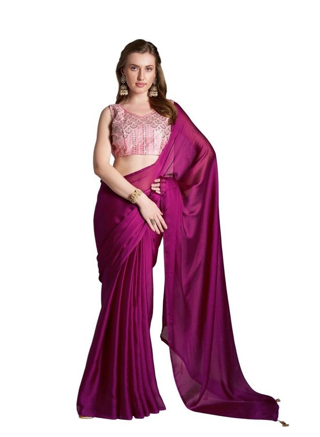 Shiv Textiles Women's Chiffon Lace Border Saree(KLIS-934-WINE) - Image 1