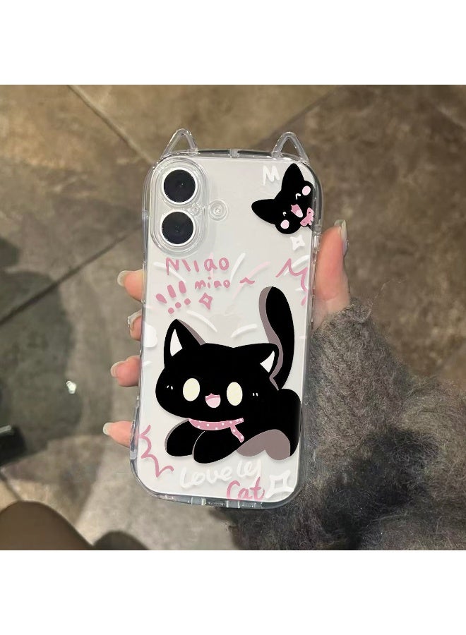 NIBEMINENT Transparent Cute Black Cat Protective TPU Case Cover For iPhone 16 Plus, Scare The Cat Single Shell
