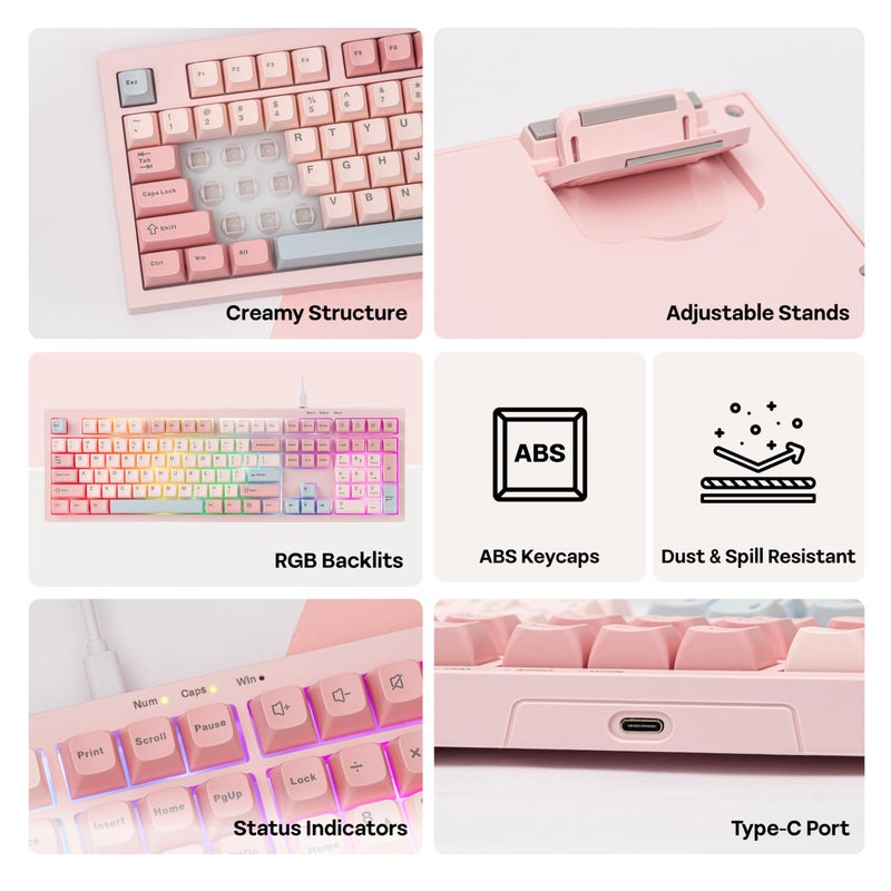 MechLands Aula S102 Membrane Gaming Keyboard with Number Pad, 100% Full Size Layout, USB-C Wired, RGB Backlit, Creamy Silicone Structure, Silent Keyboard for PC Game/Office (Pink) - Image 3