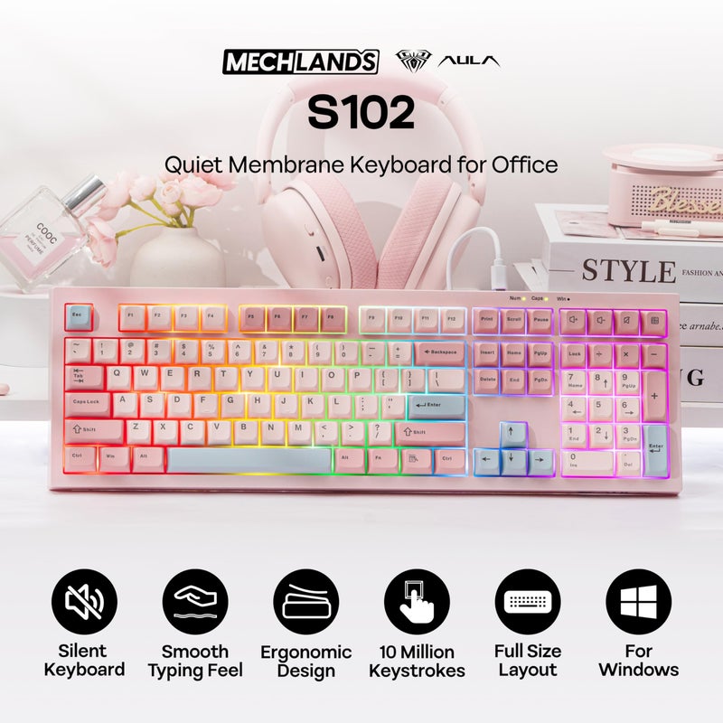 MechLands Aula S102 Membrane Gaming Keyboard with Number Pad, 100% Full Size Layout, USB-C Wired, RGB Backlit, Creamy Silicone Structure, Silent Keyboard for PC Game/Office (Pink) - Image 2