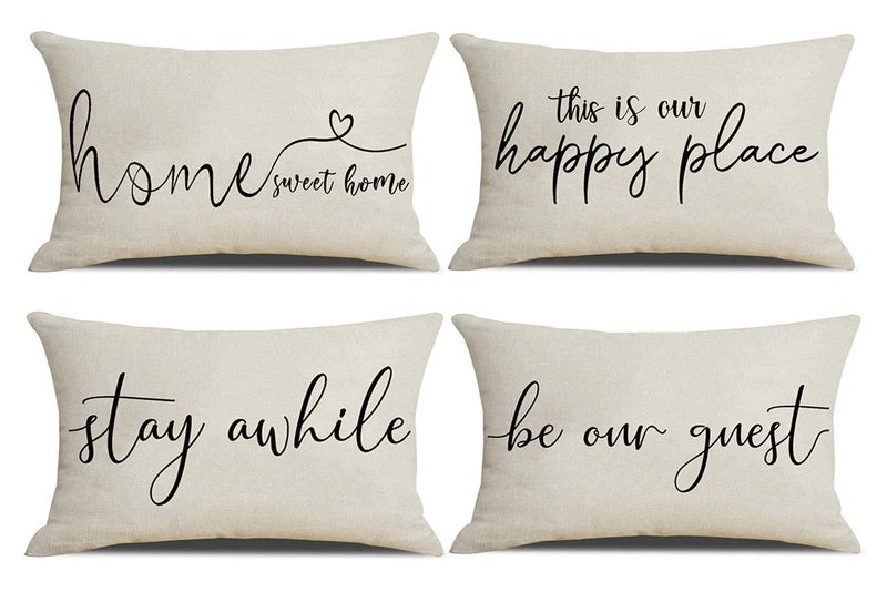 NYDECOR Set of 4 Farmhouse Pillow Covers 12x20 Quote Stay Awhile Be Our Guest Pillow Cover Home Our Happy Place Lumbar Throw Pillow Case for Couch Sofa Porch Chair Guest Room Dcor